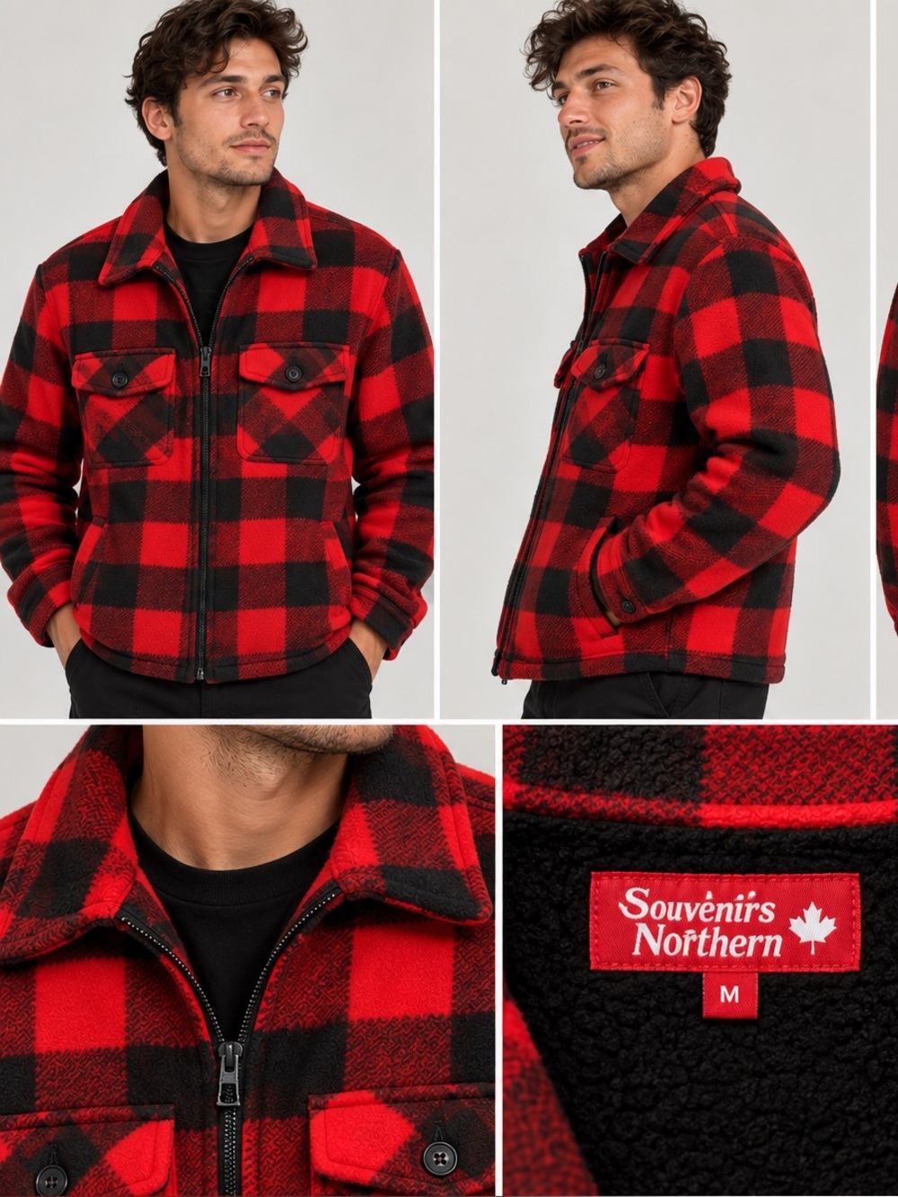 Men's Red & Black Buffalo Plaid Fleece-Lined Jacket Vintage